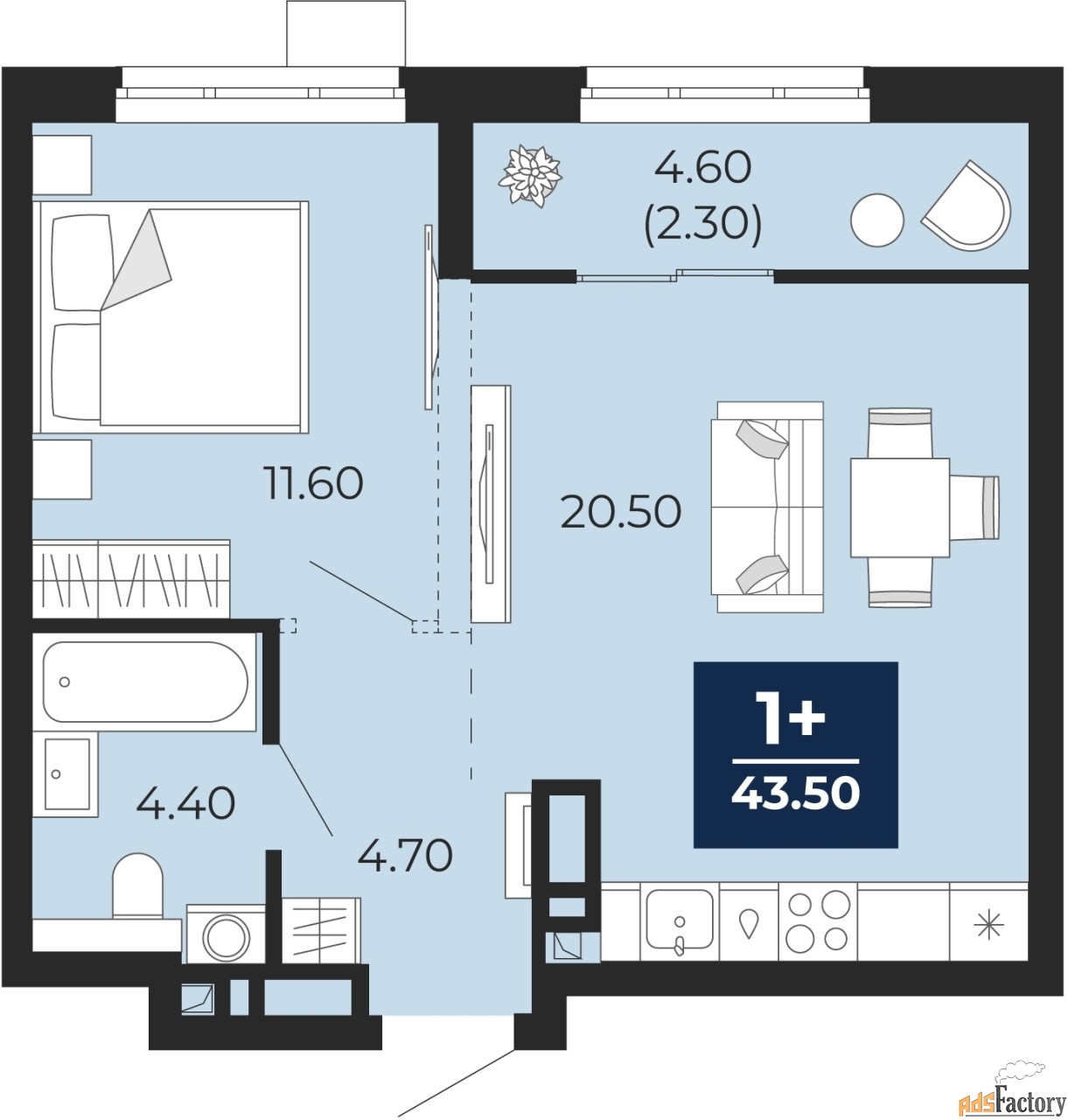 1 - комн. квартира, 43.5 м², 4/18 эт.