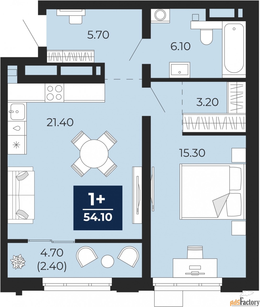 1 - комн. квартира, 54.1 м², 19/24 эт.