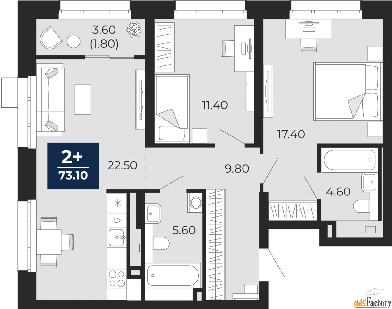 2 - комн. квартира, 73.1 м², 2/24 эт.