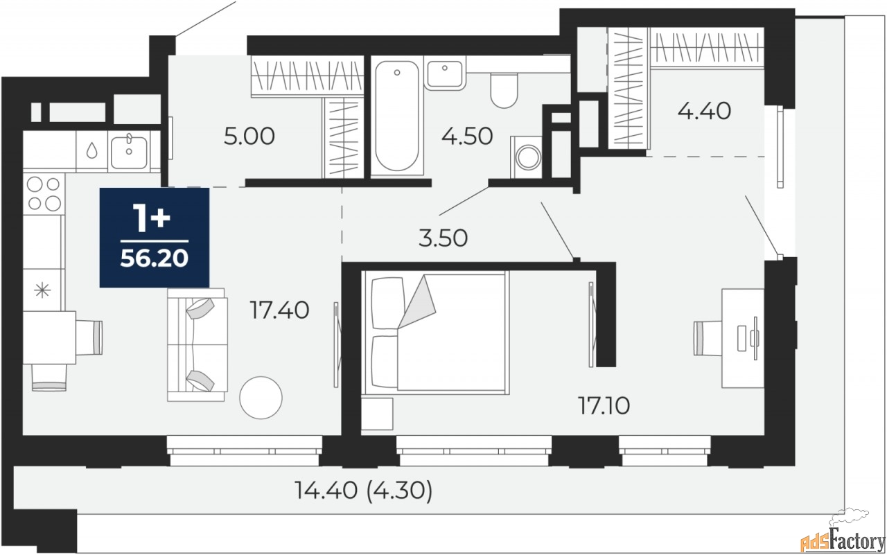 1 - комн. квартира, 56.2 м², 17/24 эт.