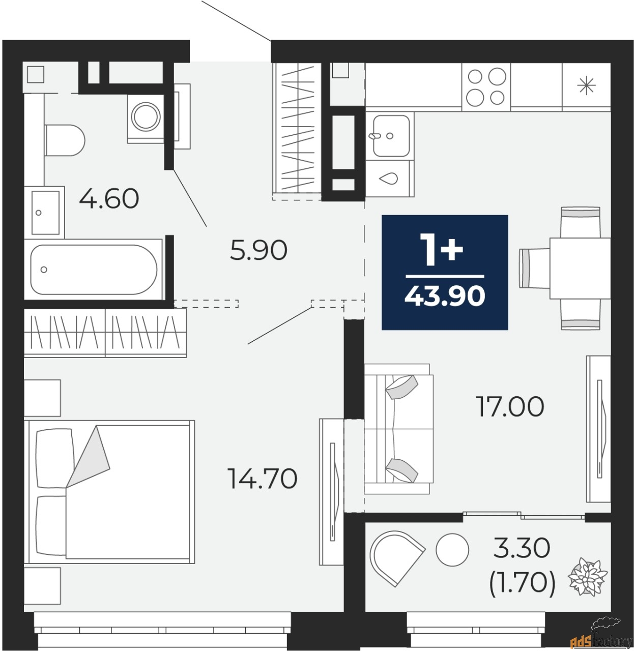 1 - комн. квартира, 43.9 м², 13/18 эт.