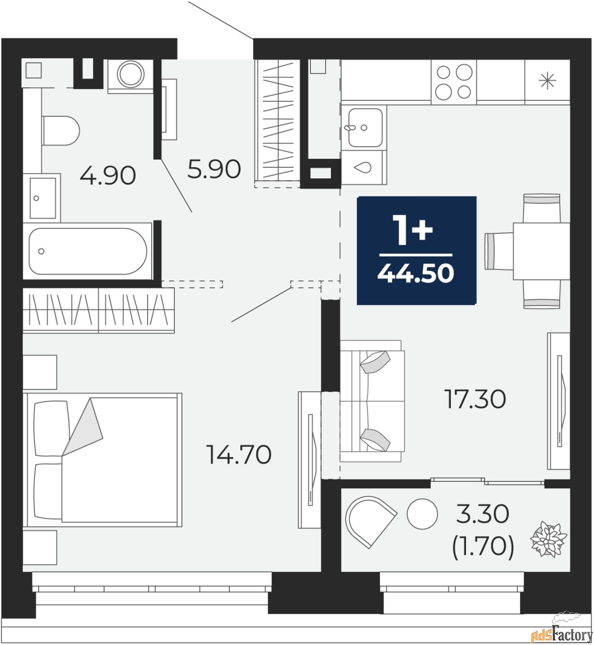 1 - комн. квартира, 44.5 м², 2/18 эт.