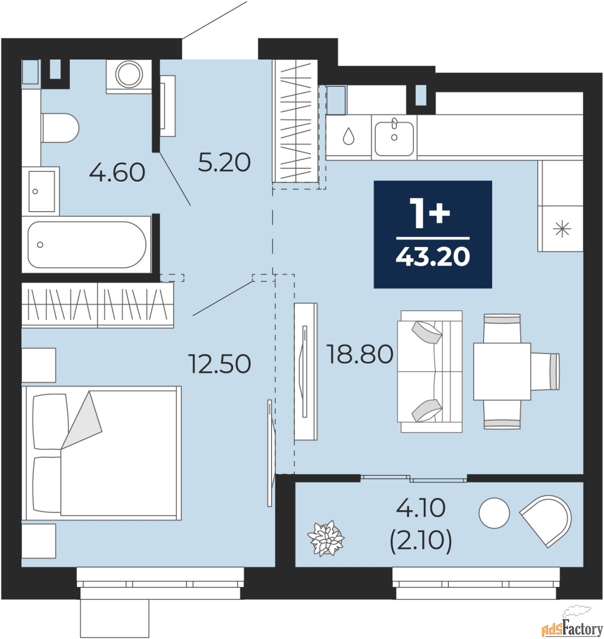 1 - комн. квартира, 43.2 м², 2/9 эт.