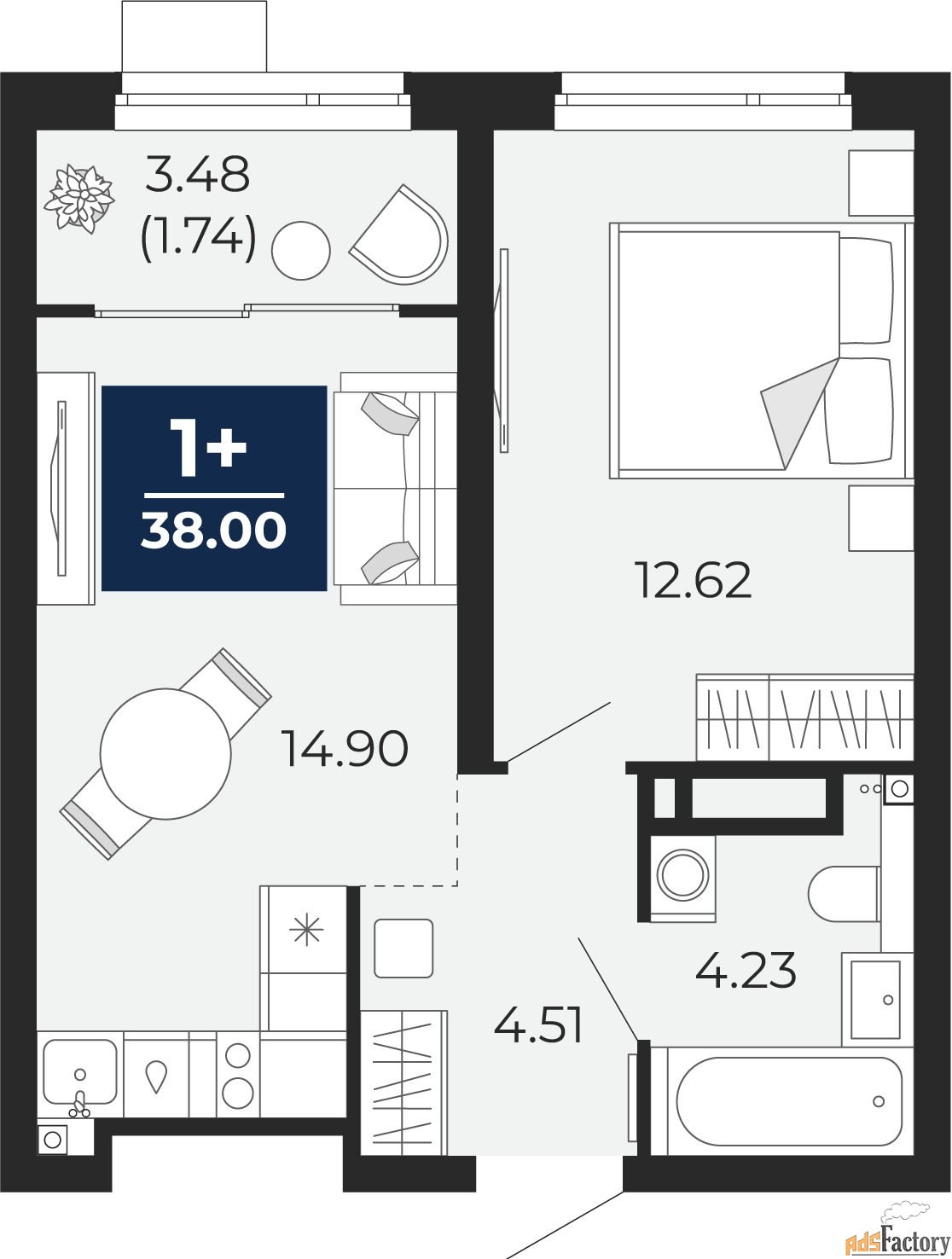 1 - комн. квартира, 38 м², 16/23 эт.