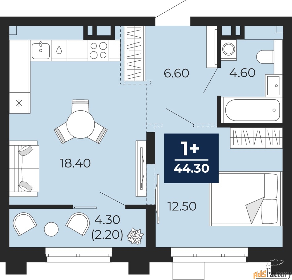 1 - комн. квартира, 44.3 м², 7/18 эт.