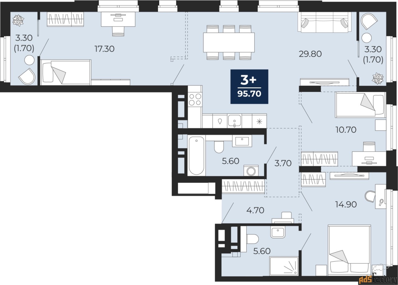 3 - комн. квартира, 95.7 м², 12/24 эт.