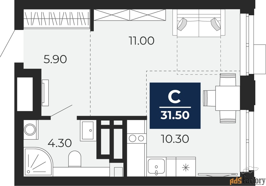 1 - комн. квартира, 31.5 м², 17/20 эт.