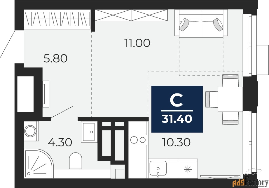 1 - комн. квартира, 31.4 м², 11/20 эт.
