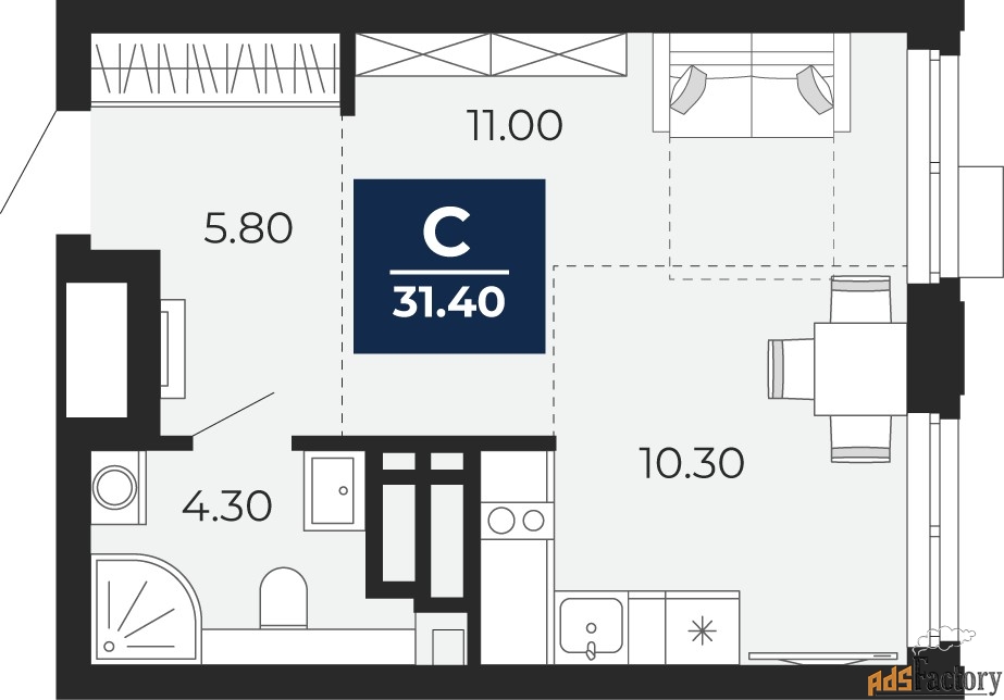 1 - комн. квартира, 31.4 м², 9/20 эт.