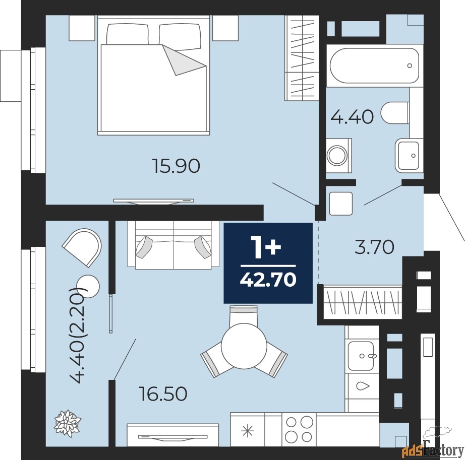 1 - комн. квартира, 42.7 м², 9/18 эт.