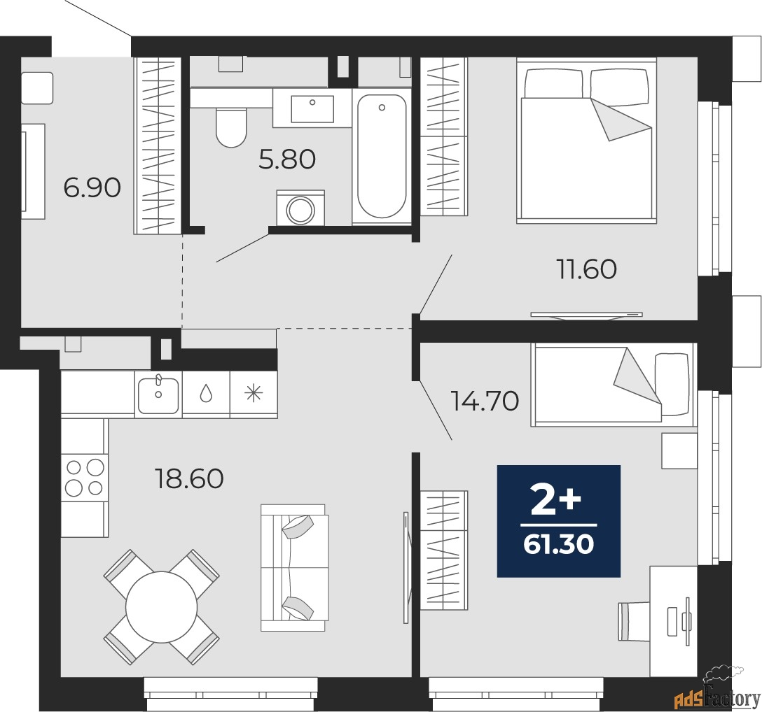2 - комн. квартира, 61.3 м², 2/18 эт.