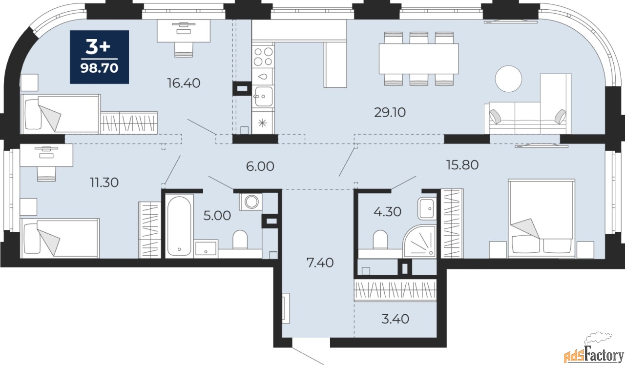 3 - комн. квартира, 98.7 м², 2/14 эт.