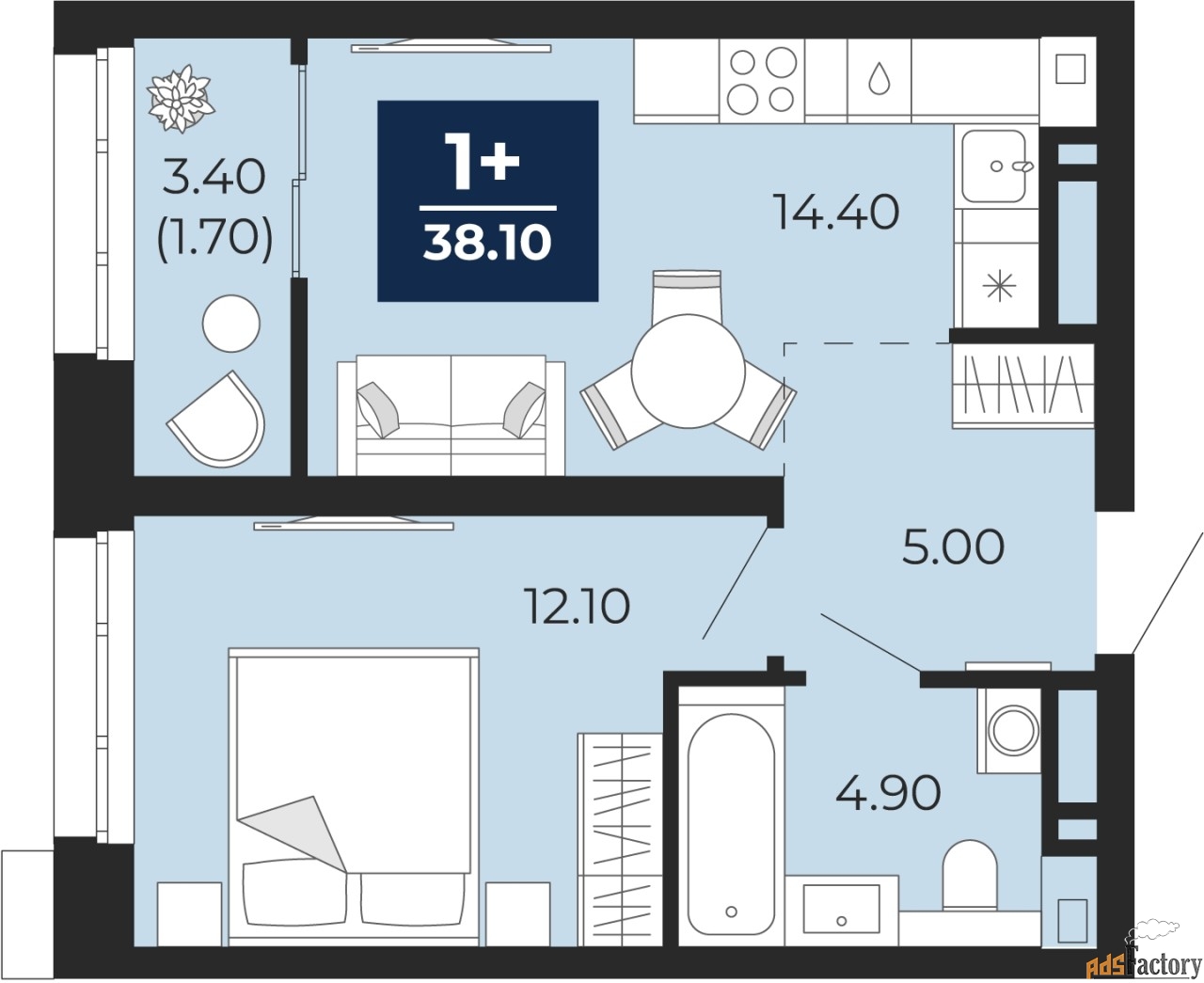 1 - комн. квартира, 38.1 м², 16/24 эт.