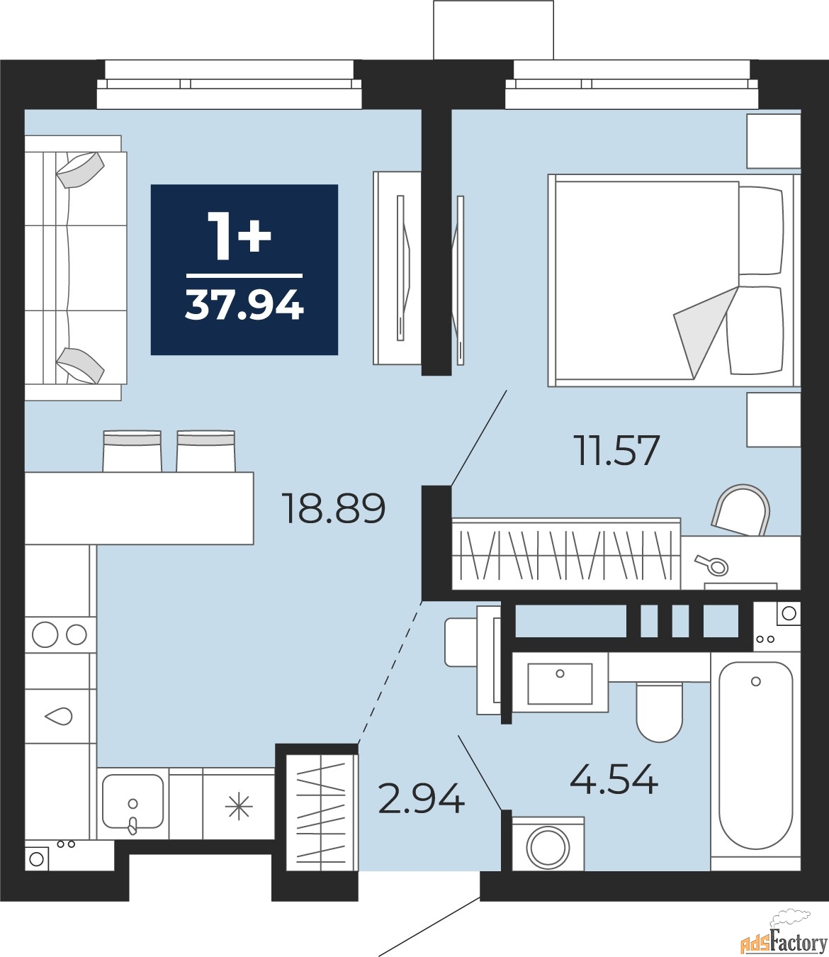 1 - комн. квартира, 37.94 м², 20/21 эт.