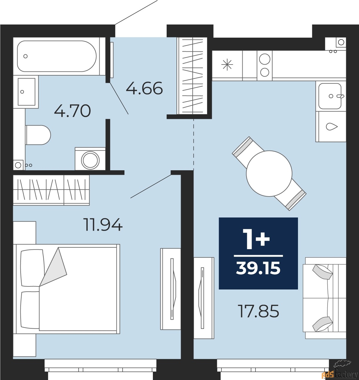 1 - комн. квартира, 39.15 м², 1/21 эт.