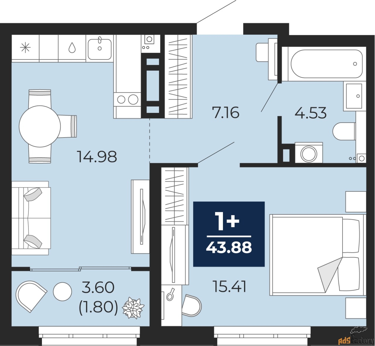 1 - комн. квартира, 43.88 м², 2/21 эт.