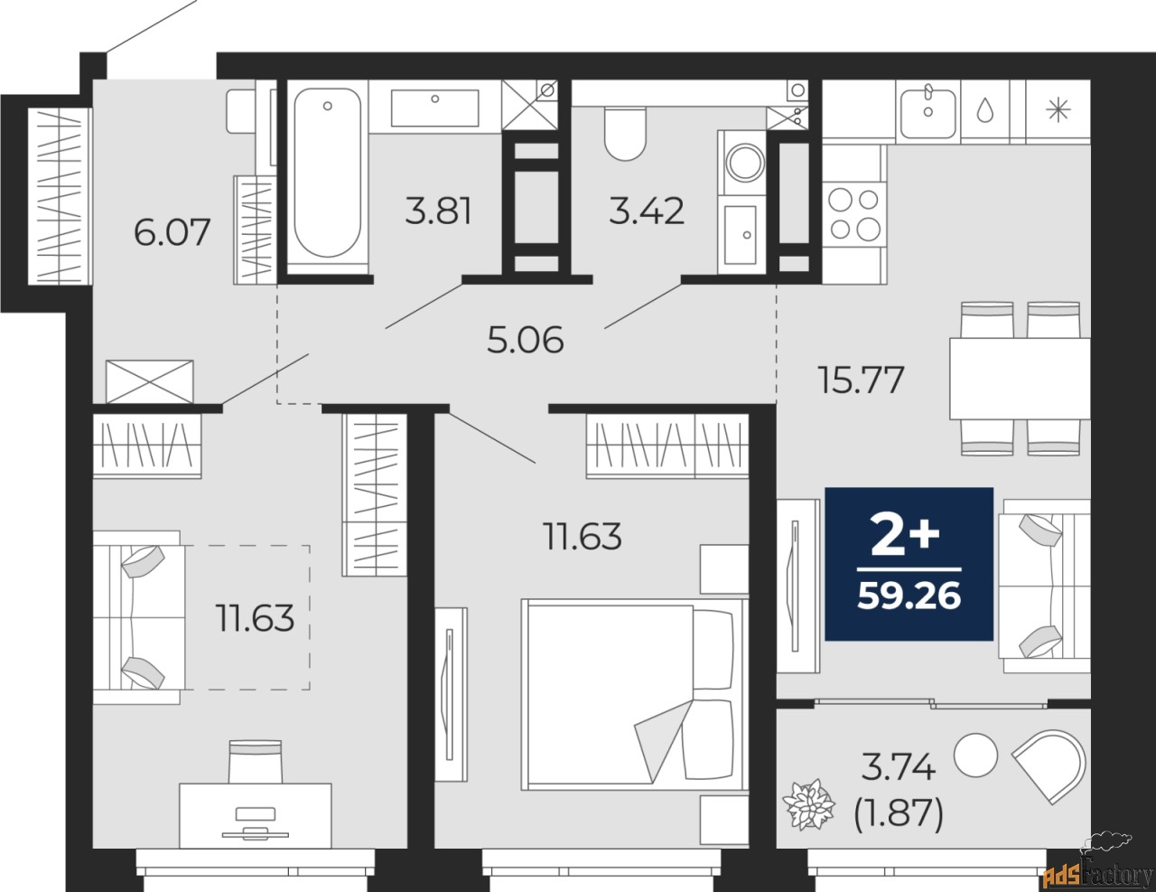 2 - комн. квартира, 59.26 м², 6/21 эт.