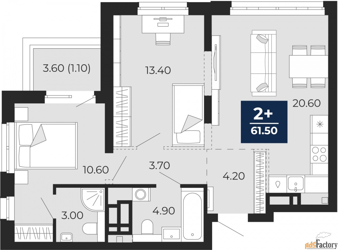 2 - комн. квартира, 61.5 м², 14/18 эт.
