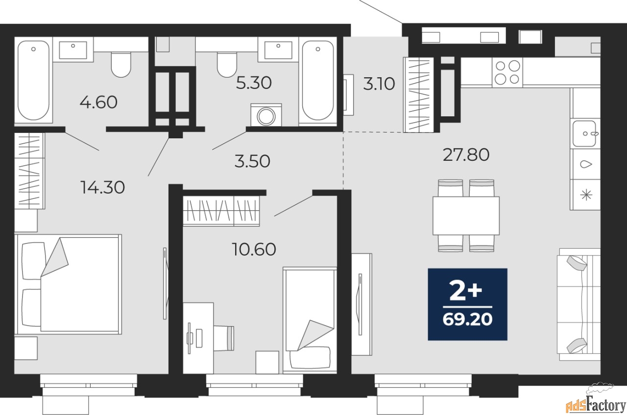 2 - комн. квартира, 69.2 м², 7/20 эт.