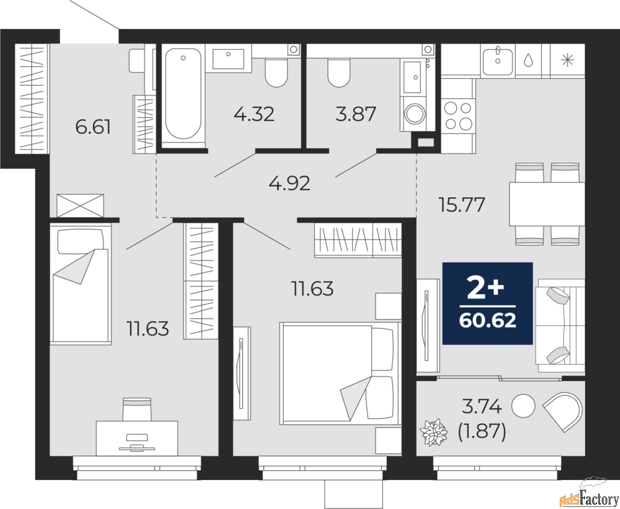 2 - комн. квартира, 60.62 м², 1/21 эт.
