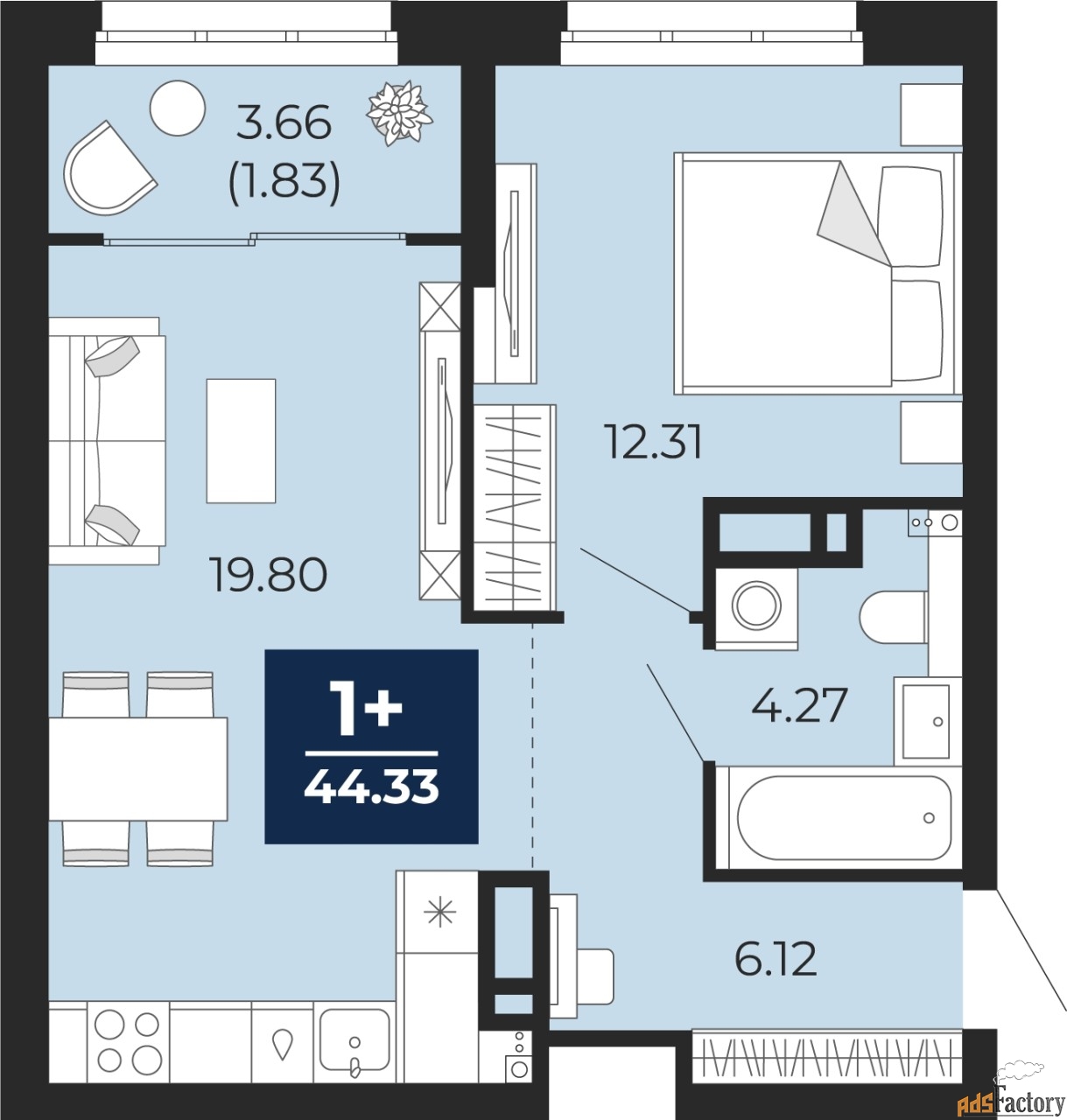 1 - комн. квартира, 44.33 м², 12/12 эт.
