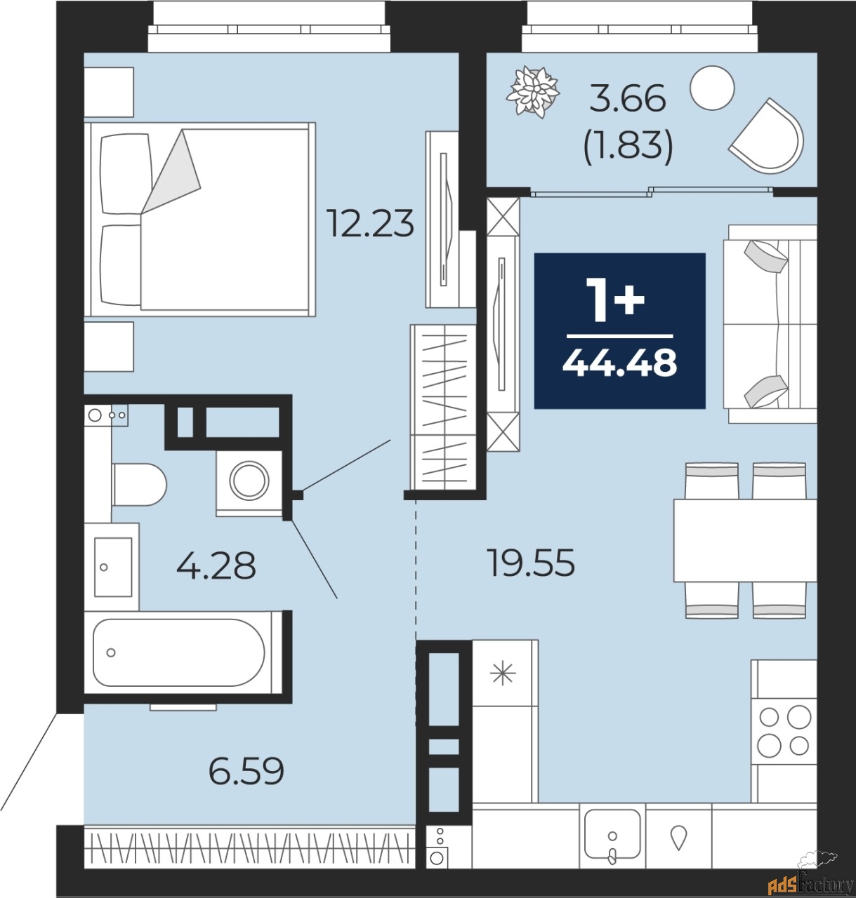 1 - комн. квартира, 44.48 м², 10/16 эт.