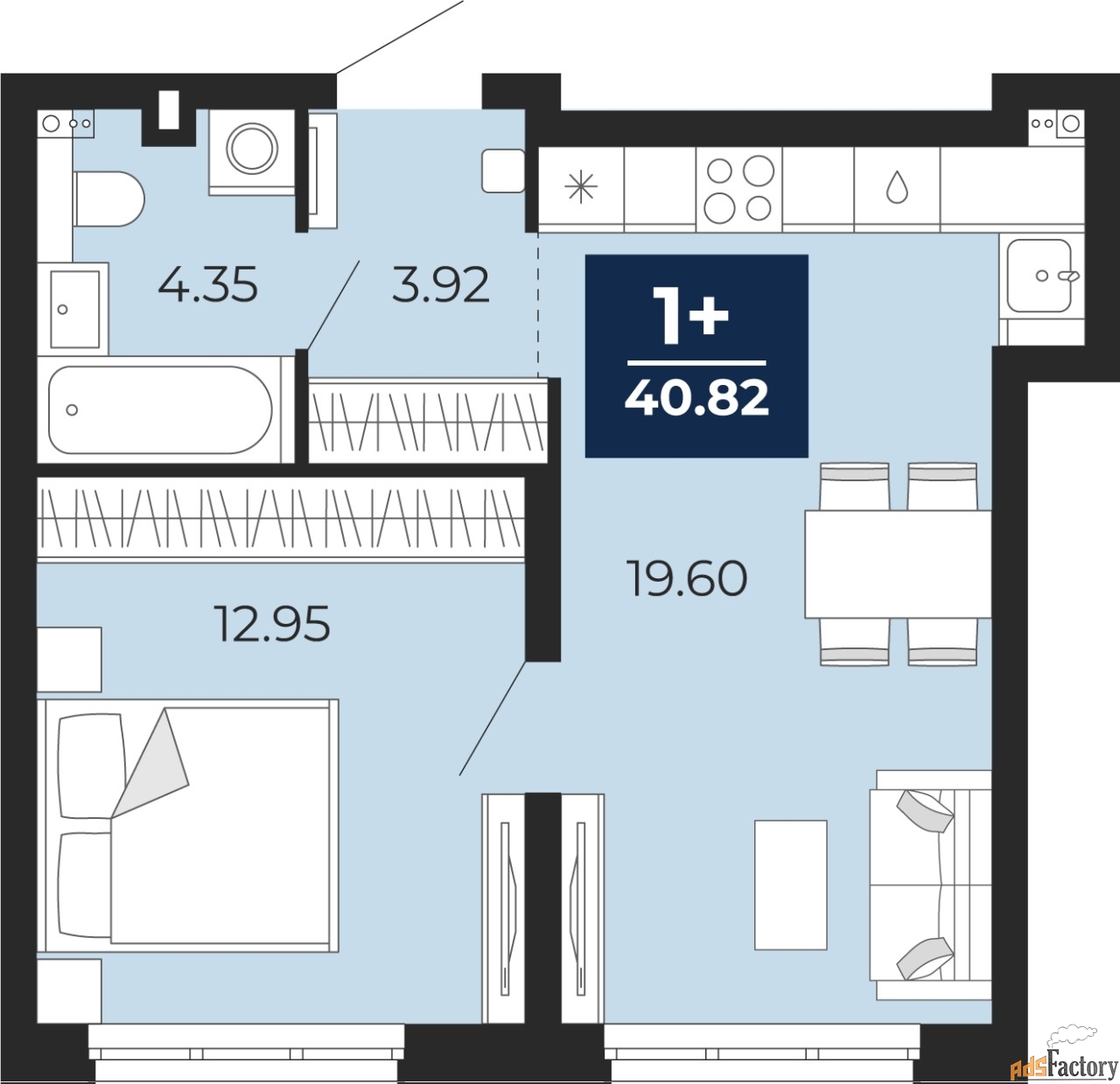 1 - комн. квартира, 40.82 м², 1/12 эт.