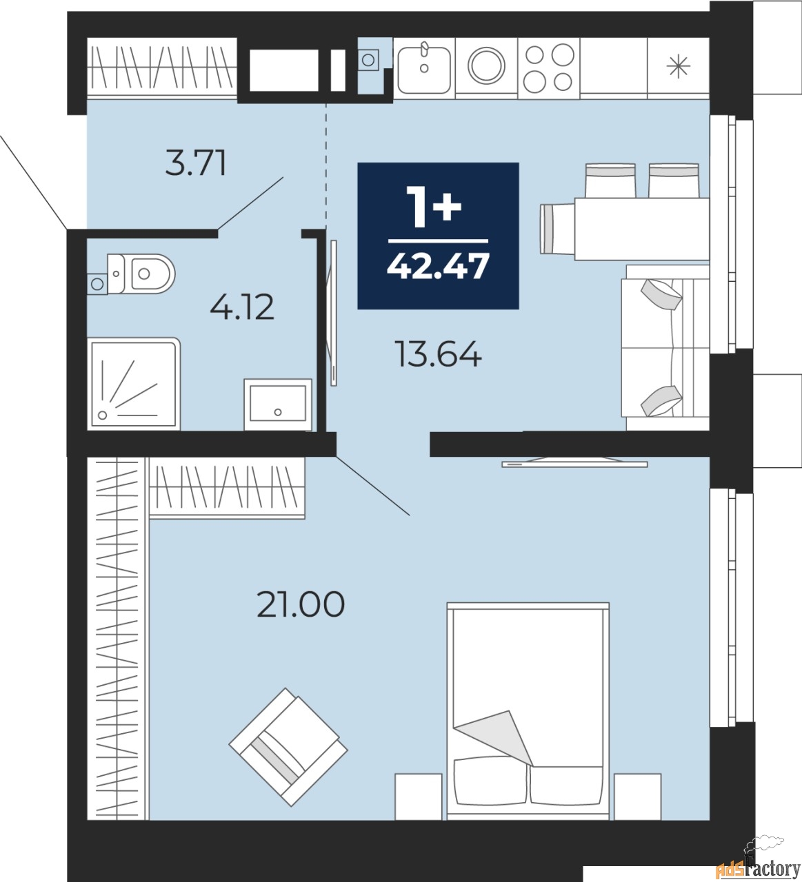 1 - комн. квартира, 42.47 м², 2/12 эт.