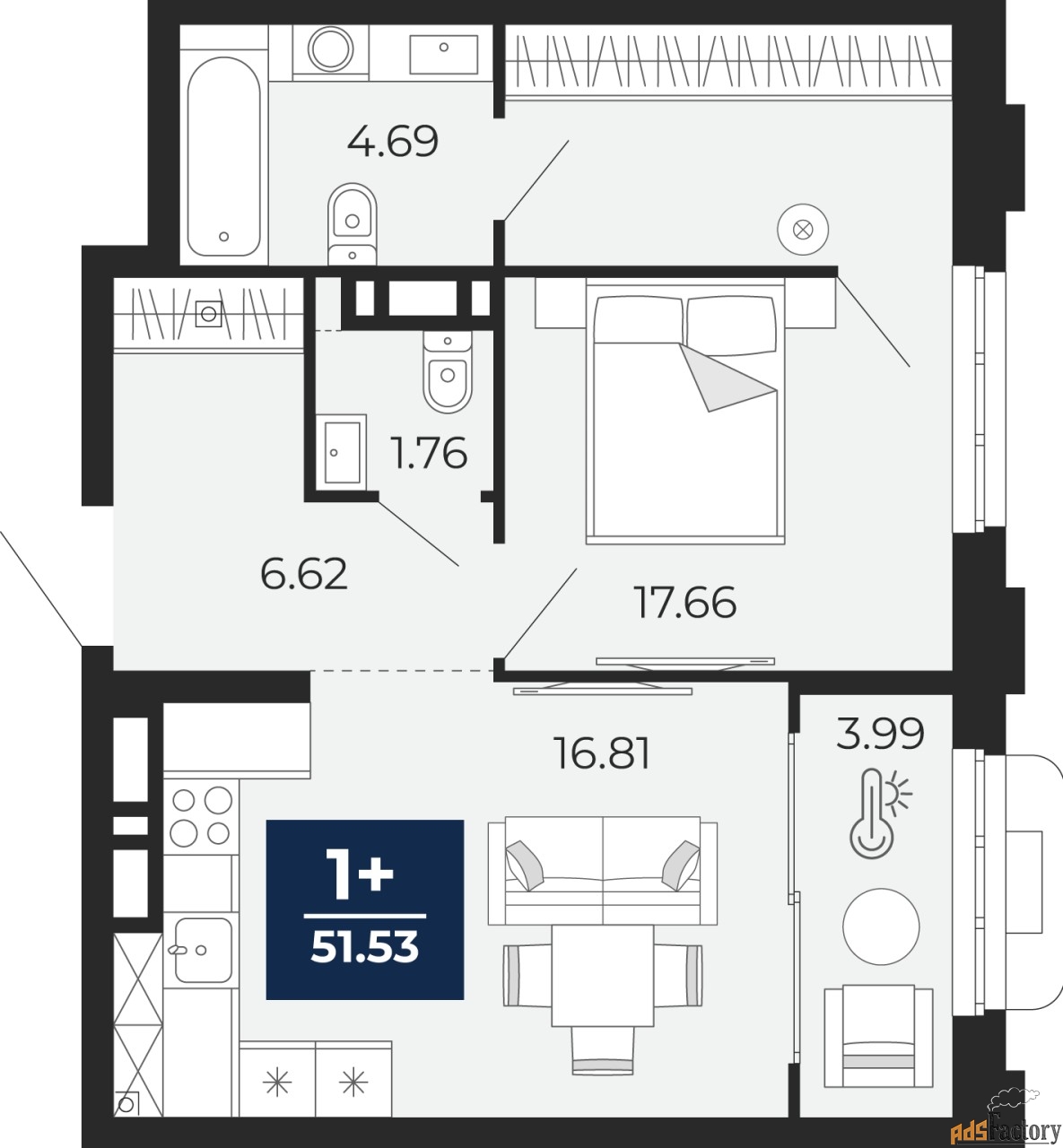 1 - комн. квартира, 51.53 м², 3/24 эт.