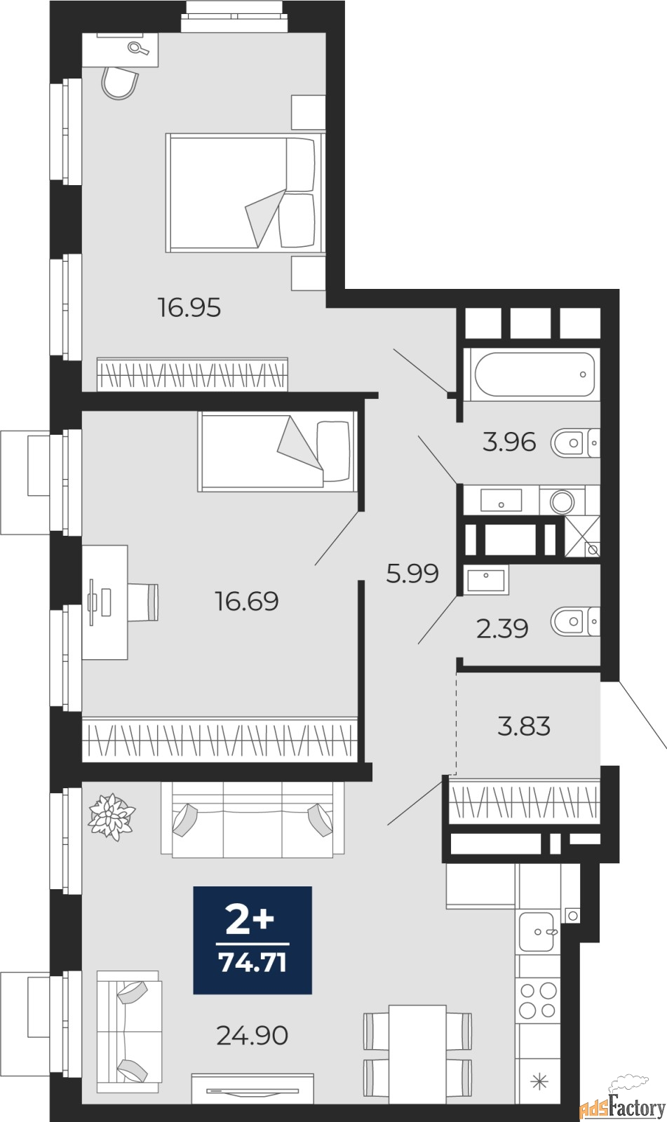 2 - комн. квартира, 74.71 м², 3/18 эт.
