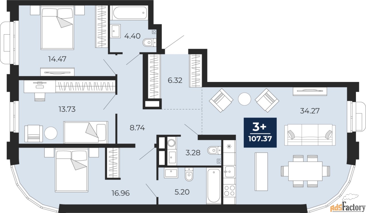 3 - комн. квартира, 107.37 м², 2/24 эт.