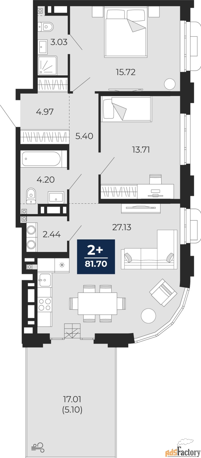2 - комн. квартира, 81.7 м², 10/12 эт.