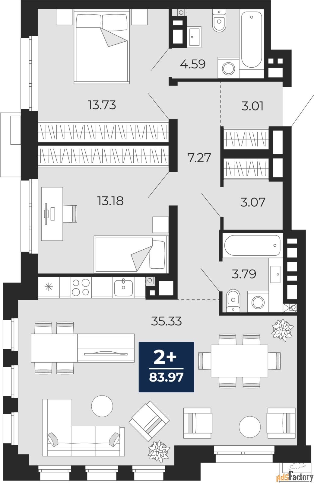 2 - комн. квартира, 83.97 м², 4/4 эт.