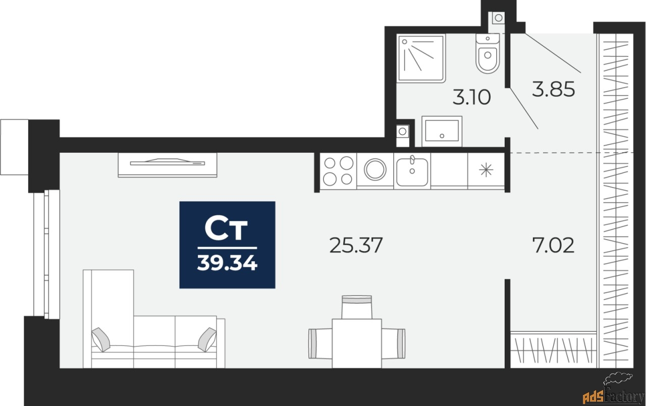1 - комн. квартира, 39.34 м², 2/12 эт.
