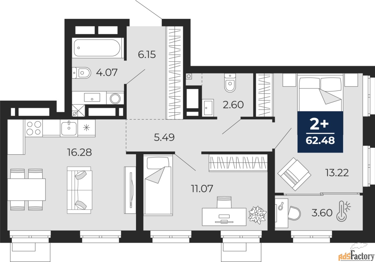 2 - комн. квартира, 62.48 м², 4/18 эт.