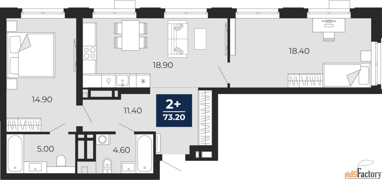 2 - комн. квартира, 73.2 м², 15/20 эт.