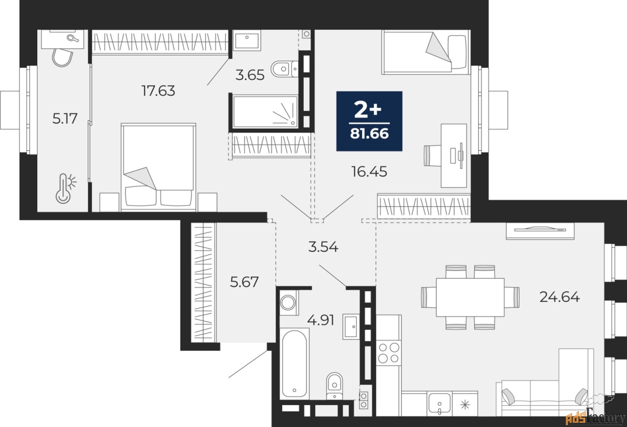 2 - комн. квартира, 81.66 м², 3/18 эт.