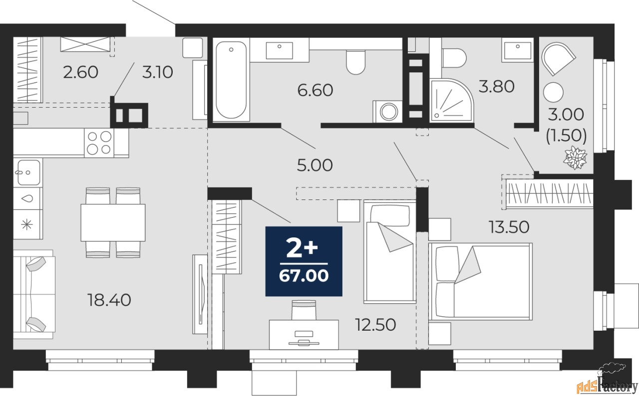 2 - комн. квартира, 67 м², 6/18 эт.
