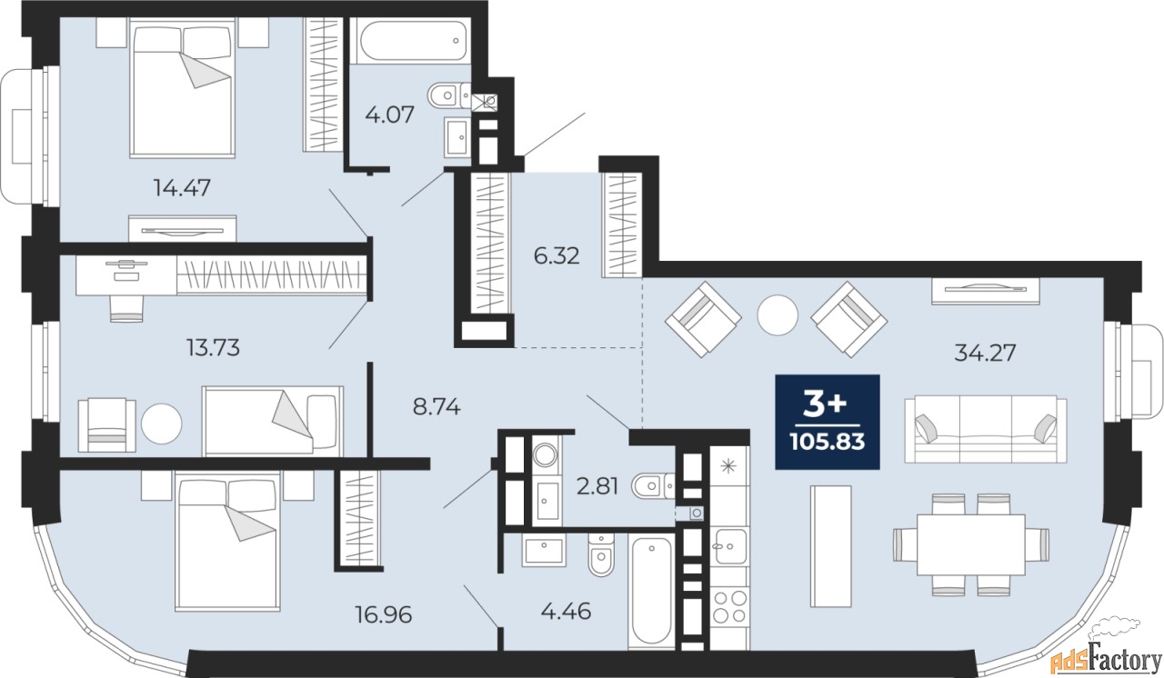 3 - комн. квартира, 105.83 м², 7/24 эт.