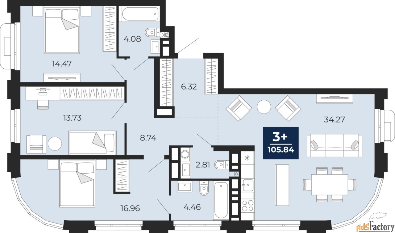 3 - комн. квартира, 105.84 м², 11/24 эт.
