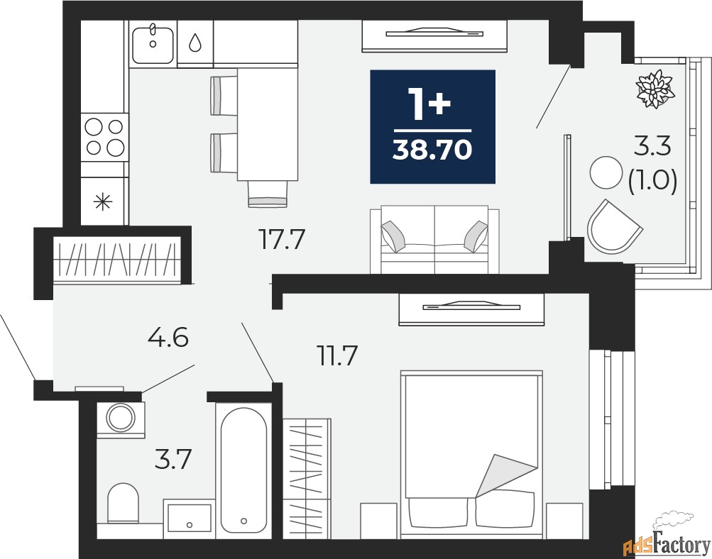 1 - комн. квартира, 38.7 м², 9/14 эт.
