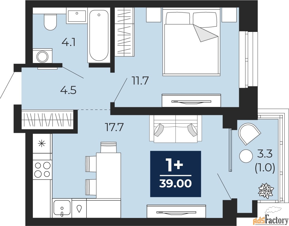 1 - комн. квартира, 39 м², 9/14 эт.