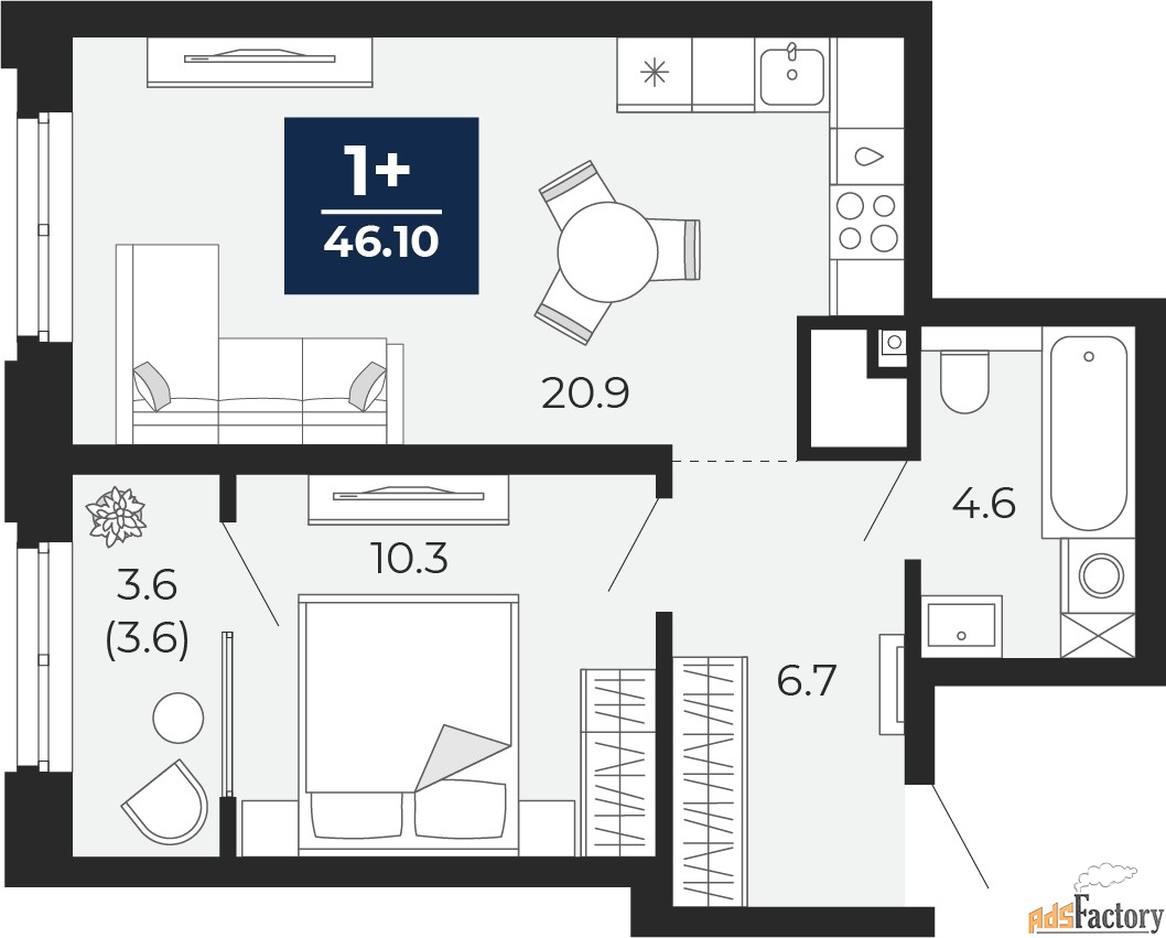1 - комн. квартира, 46.1 м², 13/16 эт.