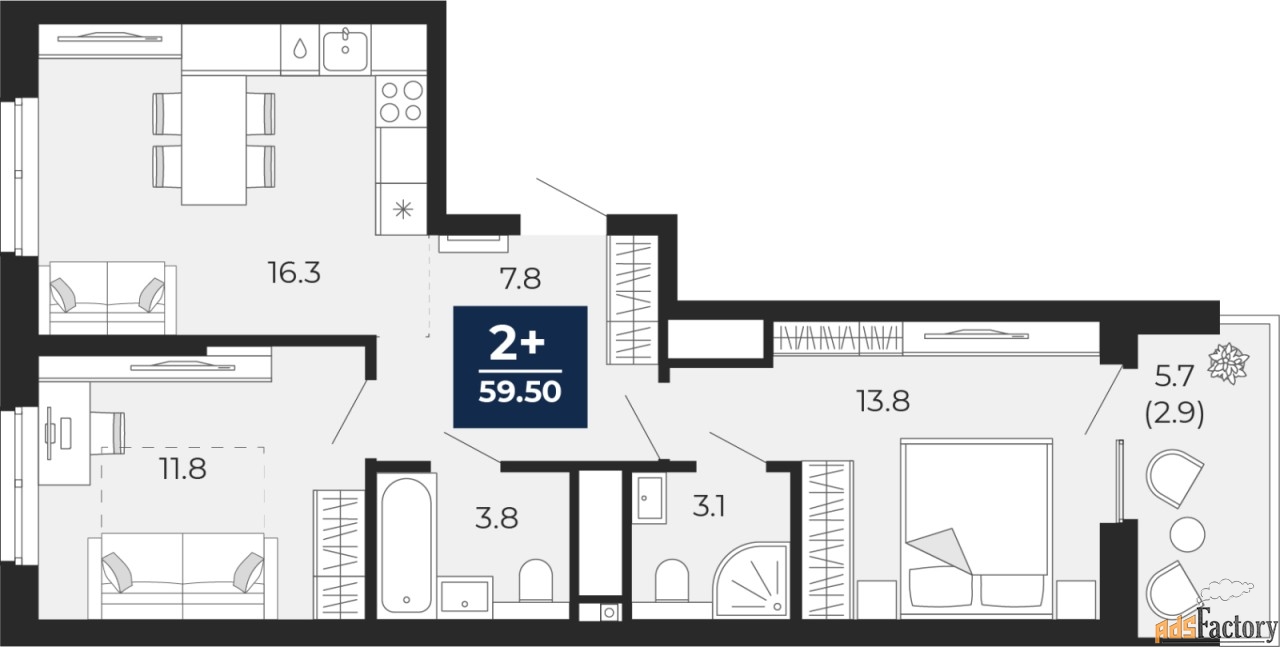 2 - комн. квартира, 59.5 м², 15/18 эт.