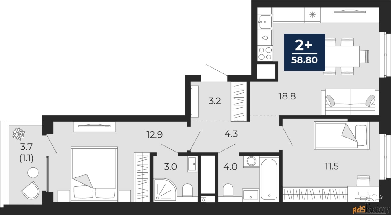 2 - комн. квартира, 58.8 м², 15/16 эт.
