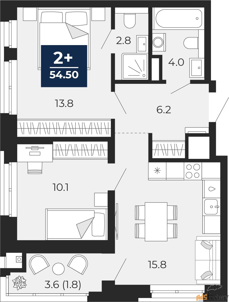 2 - комн. квартира, 54.5 м², 9/14 эт.