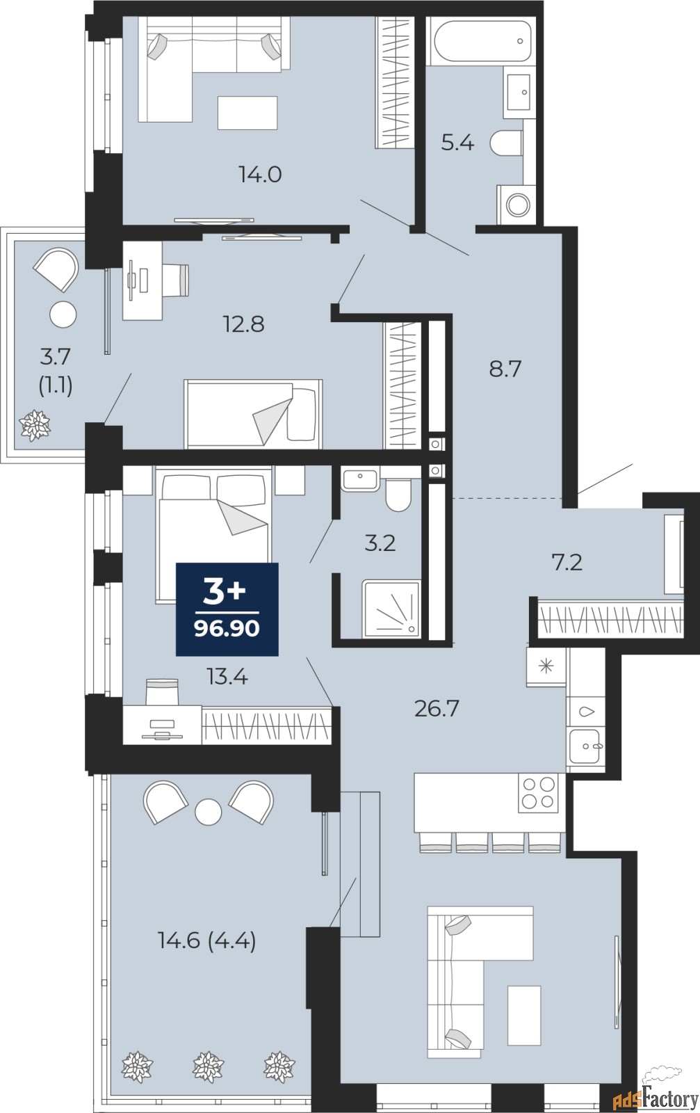 3 - комн. квартира, 96.9 м², 10/16 эт.