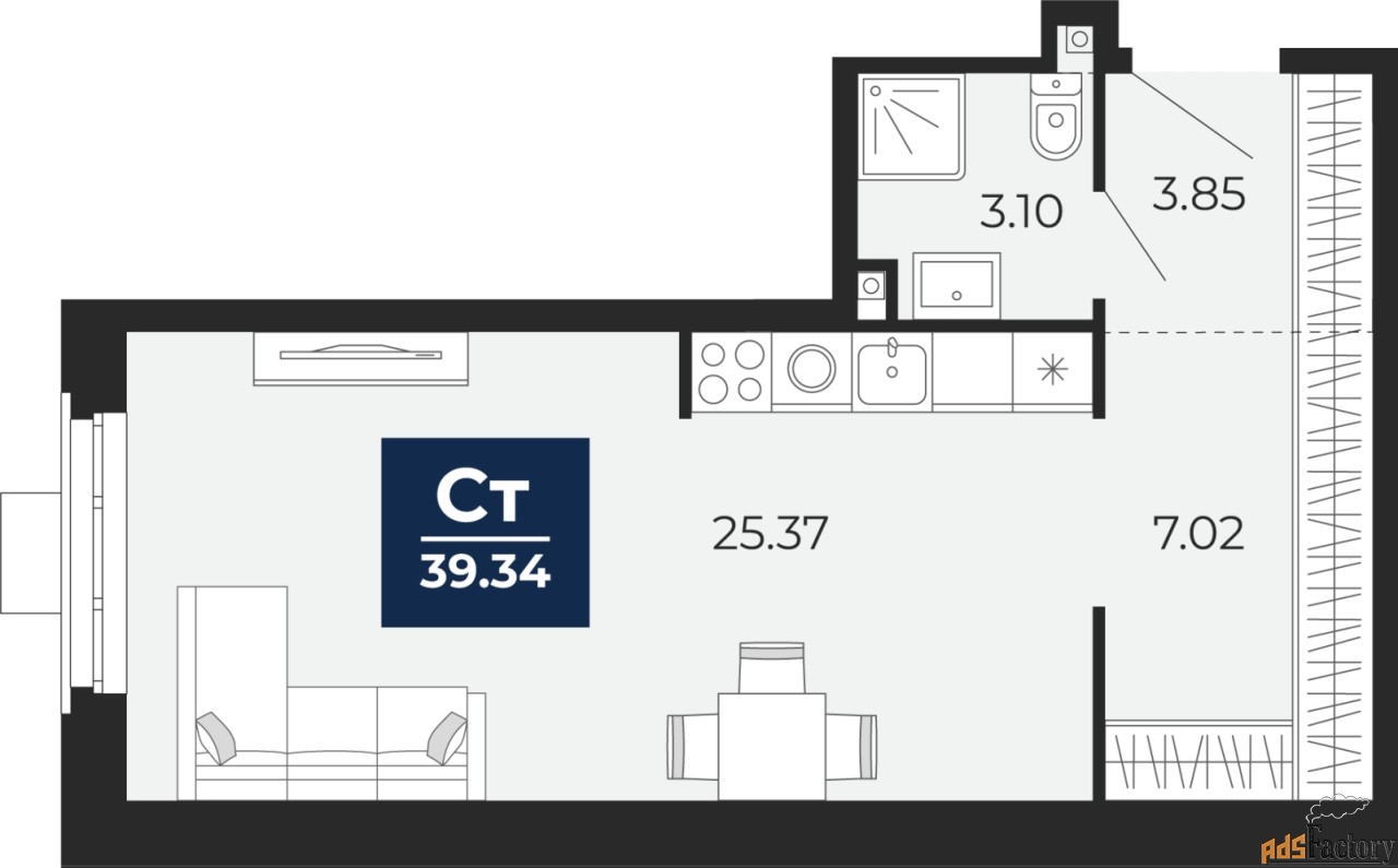 1 - комн. квартира, 39.34 м², 3/12 эт.