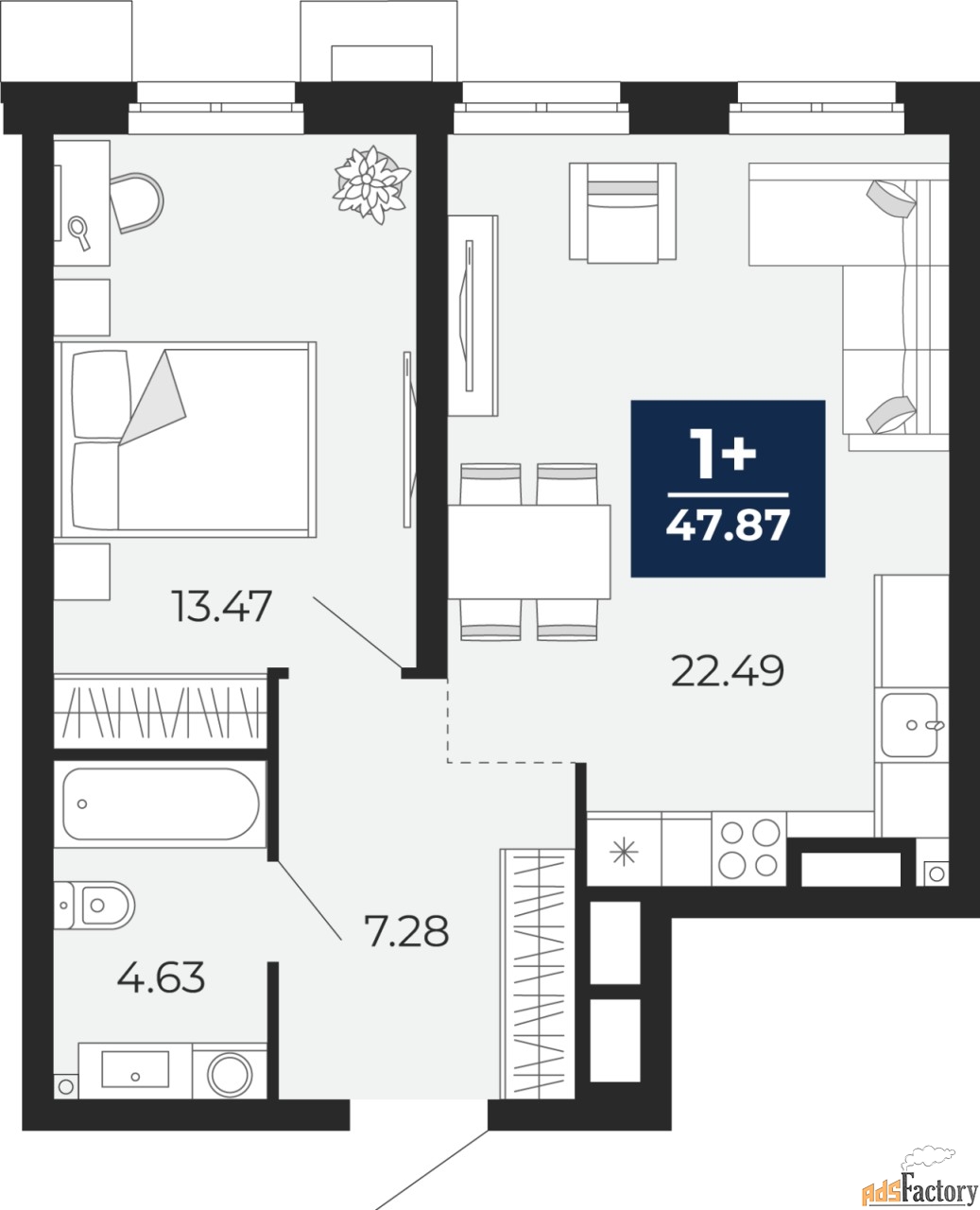 1 - комн. квартира, 47.87 м², 2/18 эт.