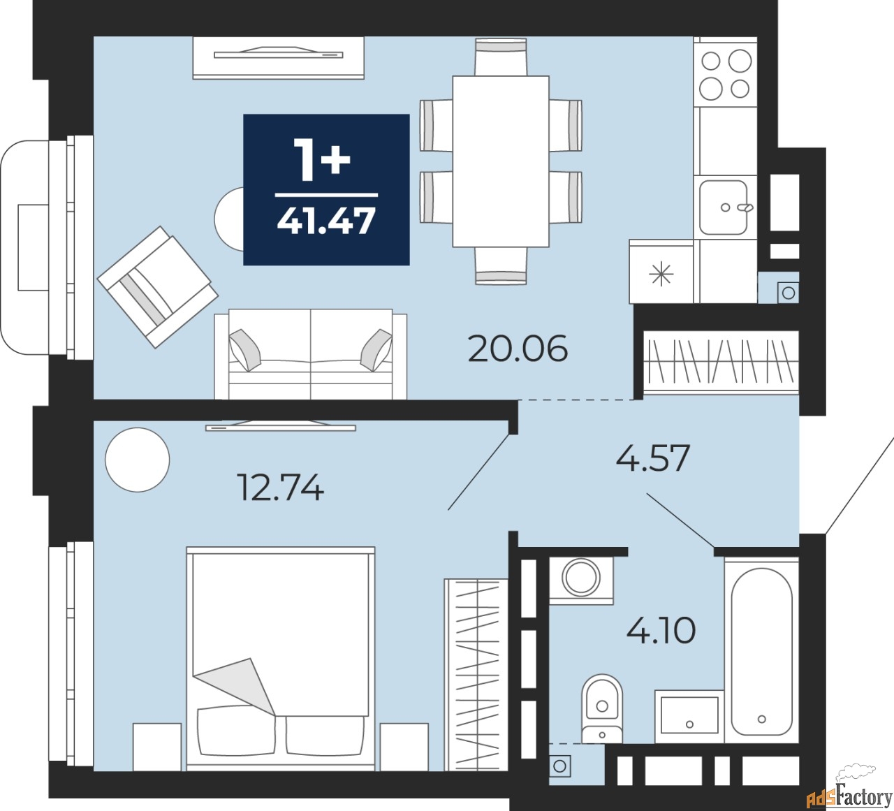 1 - комн. квартира, 41.47 м², 2/12 эт.